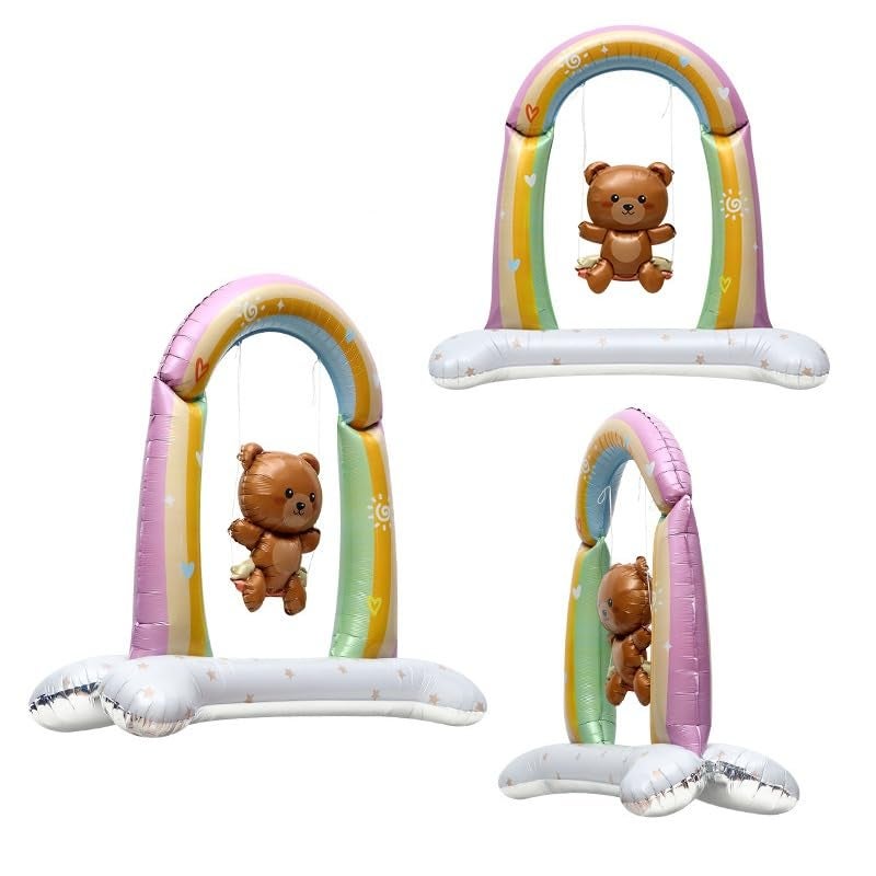 Atpata Funky 42inch Jumbo Foil Balloon - Baby Teddy Bear on Rainbow Swing with Self-Standing Base, Ideal for We Can Bearly Wait Baby Shower, Baby Welcome Decor, or Teddy Bear Birthday Party Decoration - Image 1