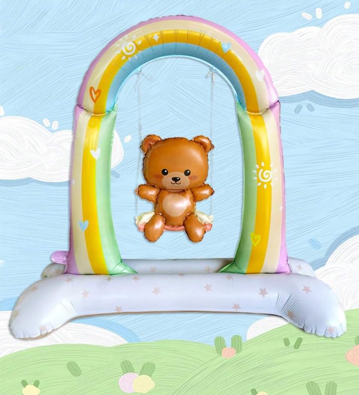 Atpata Funky 42inch Jumbo Foil Balloon - Baby Teddy Bear on Rainbow Swing with Self-Standing Base, Ideal for We Can Bearly Wait Baby Shower, Baby Welcome Decor, or Teddy Bear Birthday Party Decoration - Image 2