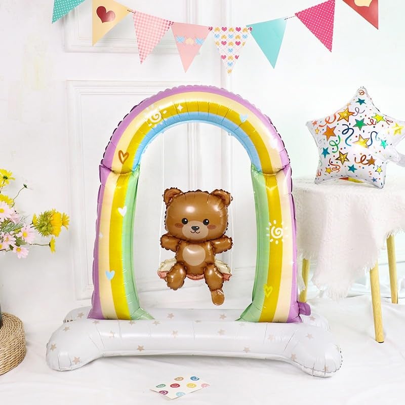 Atpata Funky 42inch Jumbo Foil Balloon - Baby Teddy Bear on Rainbow Swing with Self-Standing Base, Ideal for We Can Bearly Wait Baby Shower, Baby Welcome Decor, or Teddy Bear Birthday Party Decoration - Image 3