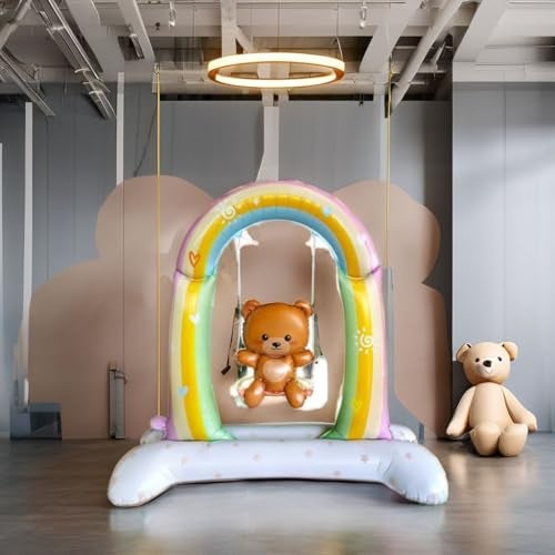 Atpata Funky 42inch Jumbo Foil Balloon - Baby Teddy Bear on Rainbow Swing with Self-Standing Base, Ideal for We Can Bearly Wait Baby Shower, Baby Welcome Decor, or Teddy Bear Birthday Party Decoration - Image 4