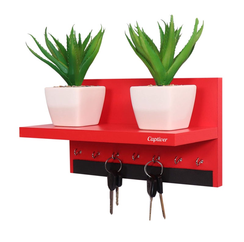 Captiver Engineerd Wood Wall Hanging Key Holders with Storage Shelf Racks Stands (7 Hooks, Matte Red) II Home Decor Stylish Keyholders Multipurpose Hanger Keychain Keystand - Image 1