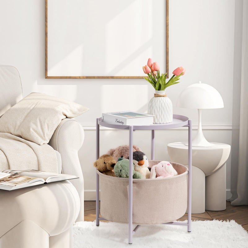 danpinera Round Side Table with Fabric Storage Basket, Metal Side Table Small Bedside Nightstand with Removable Tray Top for Living Room, Bedroom, Nursery, Laundry, Light Violet - Image 3