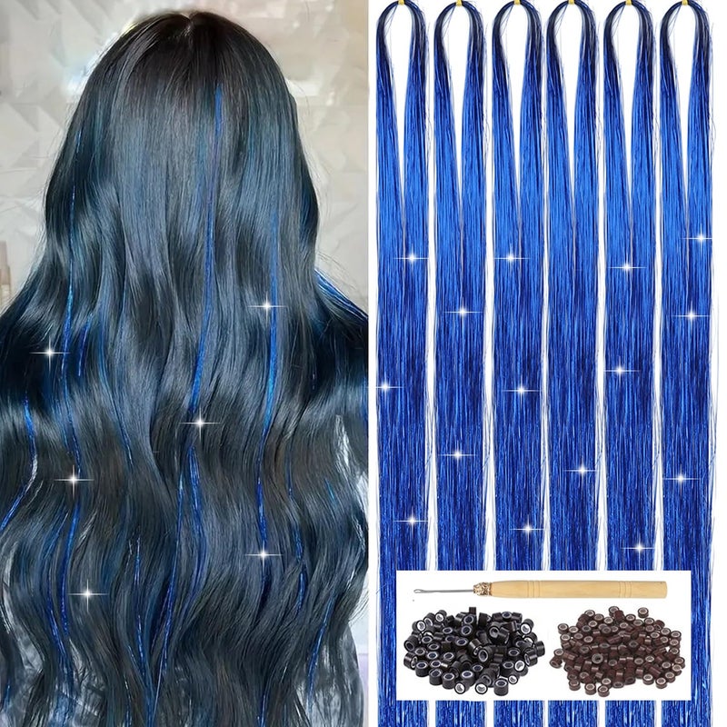 YOOONXI Blue Hair Tinsel Kit with Tool 6pcs 1200 Strands Glitter Tinsel Hair Extensions Heat Resistant Sparkling Shiny Fairy Hair Accessories for Women Girls Kids 47Inch