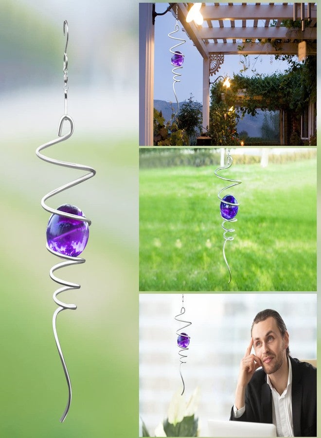 FENELY Gazing Ball Spiral Tail Wind Spinner Stabilizer, Garden Decorations Stainless Steel Metal with Hook & Purple Crystal Glass Orb Outdoor Hanging Decor Kinetic Yard 3D Swivel Art Sun Catchers - Image 4