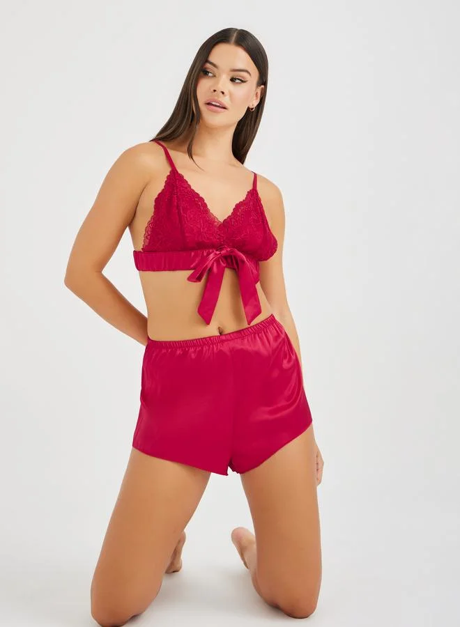 تايك تو Take Two Lace Camisole, Satin Shorts and Pants Lingerie Set