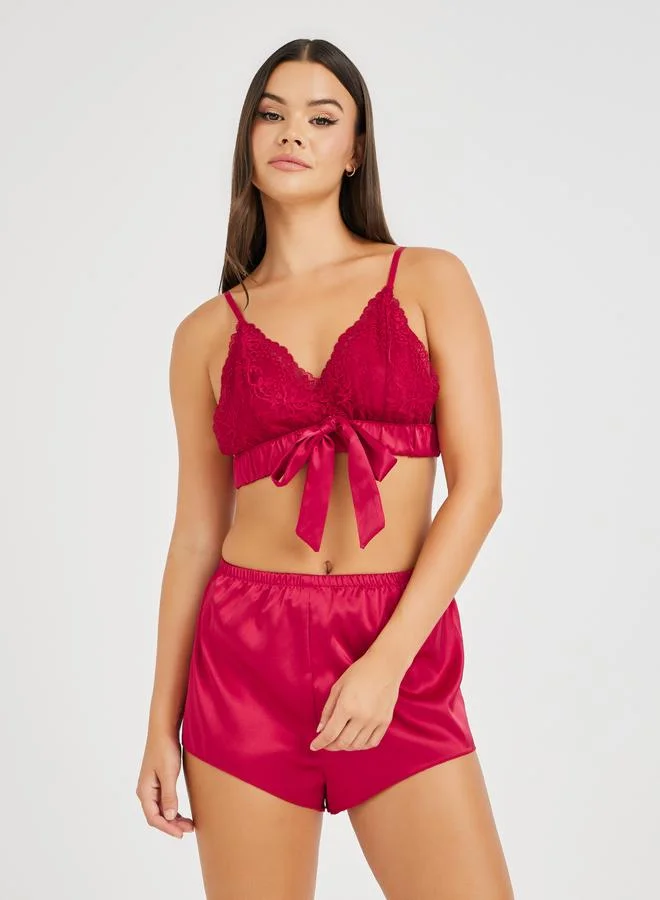 تايك تو Take Two Lace Camisole, Satin Shorts and Pants Lingerie Set