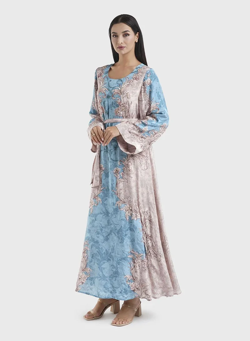 KASHKHA  Teal Floral Print Viscose Dress with Handwork (VDK345) for Women | Best Price UAE