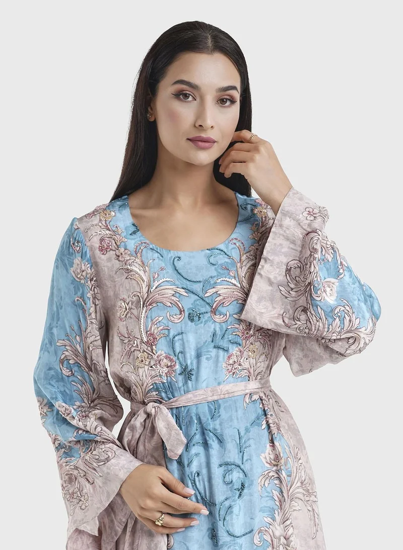 KASHKHA Teal Floral Print Viscose Dress with Handwork (VDK345)