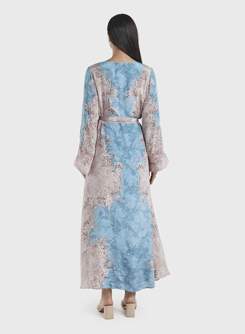 KASHKHA  Teal Floral Print Viscose Dress with Handwork (VDK345) for Women | Best Price UAE