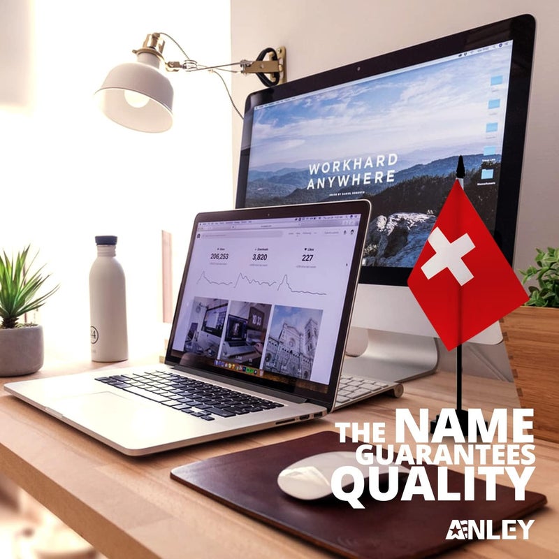 Anley Switzerland Deluxe Desk Flag Set - 6 x 4 Inch Miniature Swiss CH Desktop Flag with 12" Solid Pole - Vivid Color and Fade Resistant - Black Base and Spear Top - Image 1
