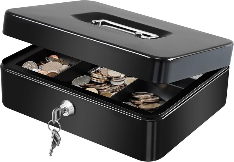 Sukhrup Locking Cash Box with Key Lock, Removable 5‑Coin & Bill Tray, 7.87″ x 6.30″ x 3.54″, Black – Compact Solid Steel Organizer for Coins, Cash & Valuables - Image 2