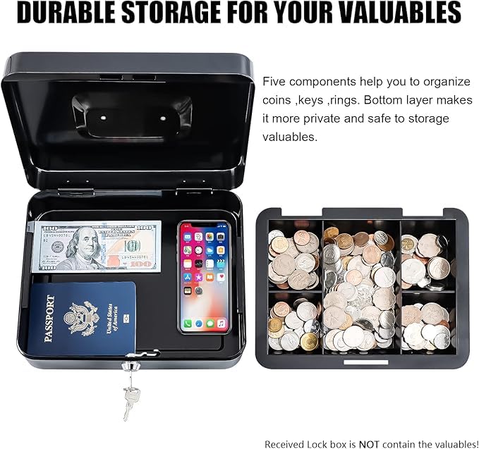 Sukhrup Locking Cash Box with Key Lock, Removable 5‑Coin & Bill Tray, 7.87″ x 6.30″ x 3.54″, Black – Compact Solid Steel Organizer for Coins, Cash & Valuables - Image 4