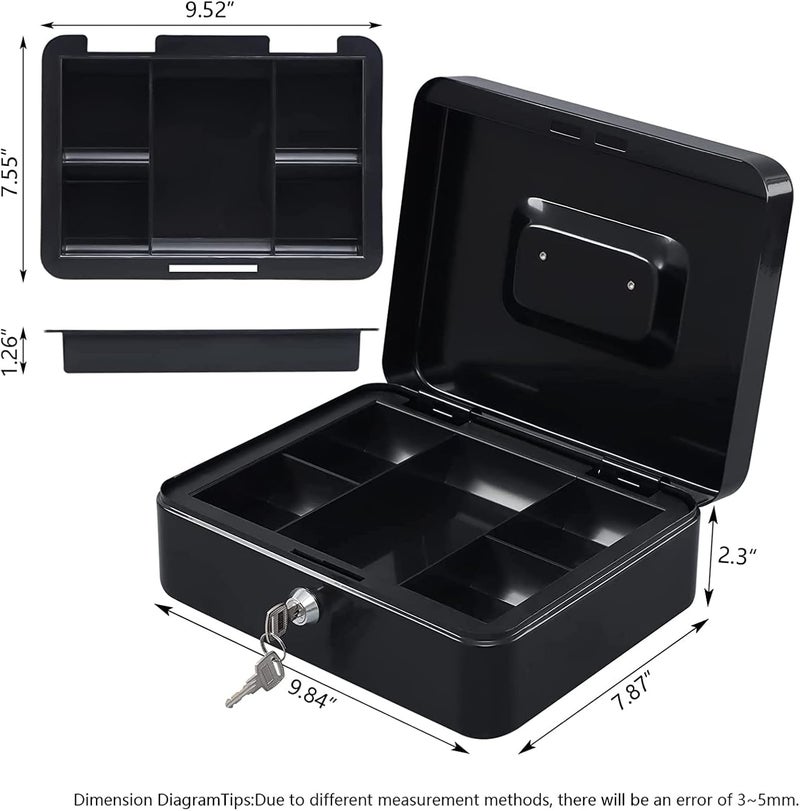 Sukhrup Locking Cash Box with Key Lock, Removable 5‑Coin & Bill Tray, 7.87″ x 6.30″ x 3.54″, Black – Compact Solid Steel Organizer for Coins, Cash & Valuables - Image 5