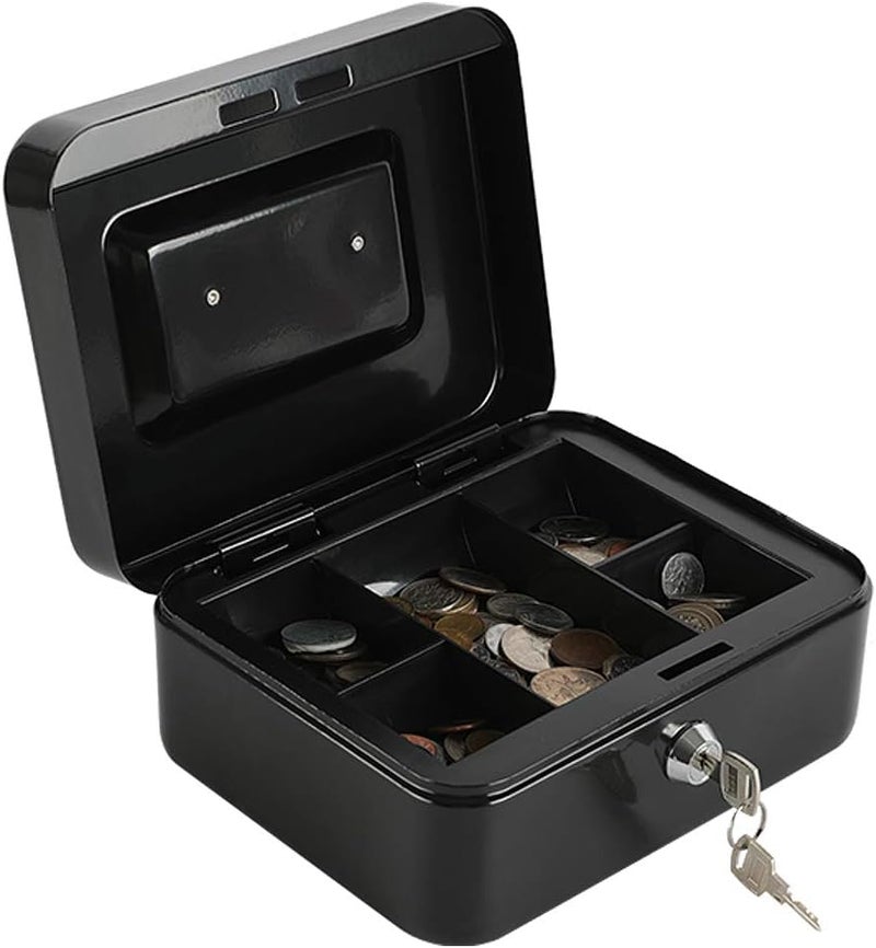 Sukhrup Locking Cash Box with Key Lock, Removable 5‑Coin & Bill Tray, 7.87″ x 6.30″ x 3.54″, Black – Compact Solid Steel Organizer for Coins, Cash & Valuables - Image 1