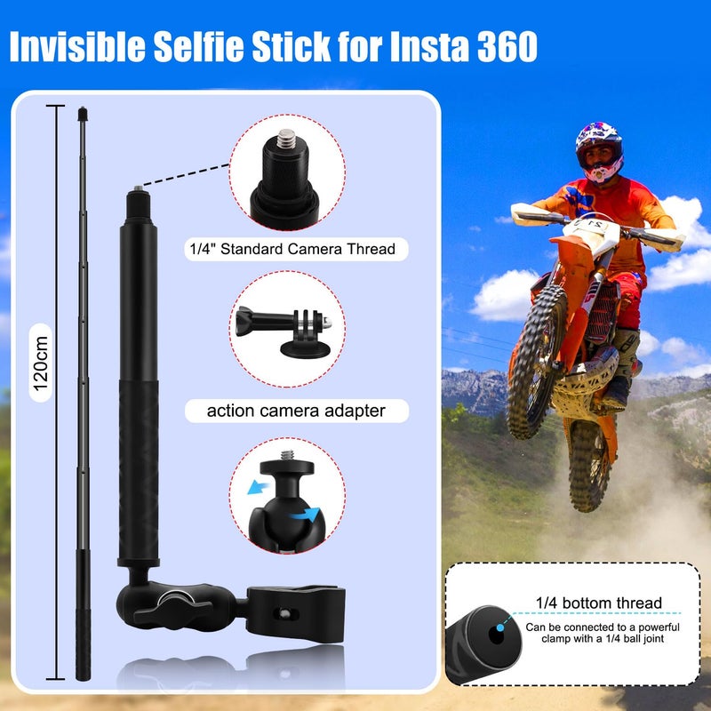 HAFOKO Motorcycle Double Clamp Mount with 47" Invisible Selfie Stick Compatible for Insta 360 X5 X4 X3 X2 X ONE GO 3 Aluminum Alloy Heavy-Duty Camera Bike ATV Double Clamp Mount Kit - Image 2