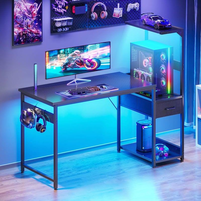 Coleshome 120×48 cm Gaming Desk with LED Lights, Reversible Computer Desk with Drawers & Display Shelves, Gaming Table with Headphone Hook, Carbon Fiber Black - Image 2