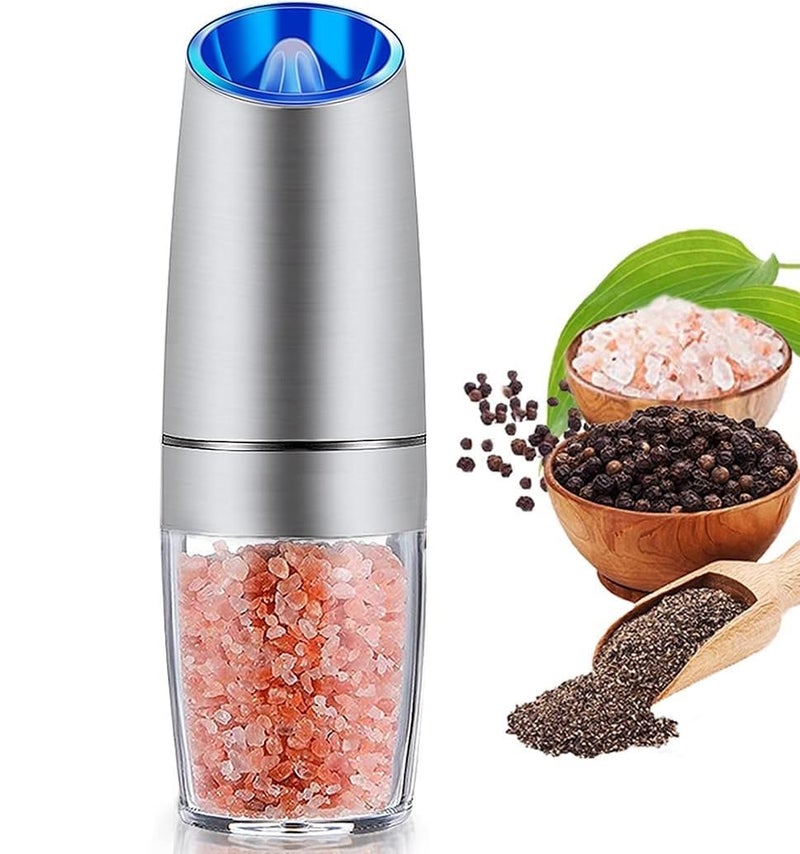 PRAMANTA Gravity Salt Pepper Automatic Grinder Refillable Adjustable Coarseness Electric Salt Pepper Mill Shaker Stainless Steel with LED Light One Hand Operated 1Pcs - Image 1