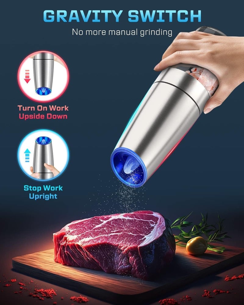 PRAMANTA Gravity Salt Pepper Automatic Grinder Refillable Adjustable Coarseness Electric Salt Pepper Mill Shaker Stainless Steel with LED Light One Hand Operated 1Pcs - Image 5
