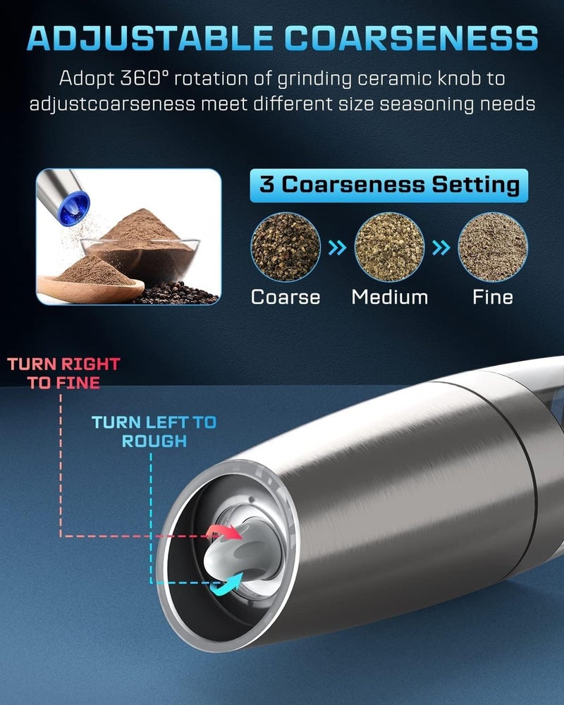 PRAMANTA Gravity Salt Pepper Automatic Grinder Refillable Adjustable Coarseness Electric Salt Pepper Mill Shaker Stainless Steel with LED Light One Hand Operated 1Pcs - Image 4