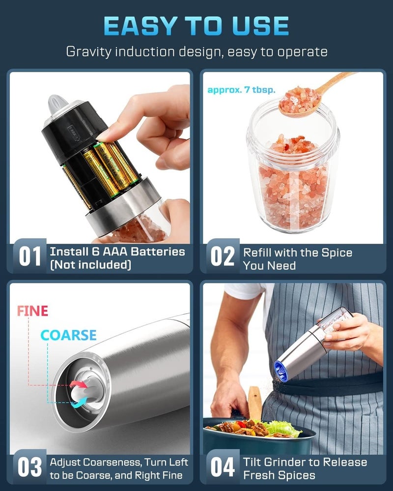 PRAMANTA Gravity Salt Pepper Automatic Grinder Refillable Adjustable Coarseness Electric Salt Pepper Mill Shaker Stainless Steel with LED Light One Hand Operated 1Pcs - Image 3