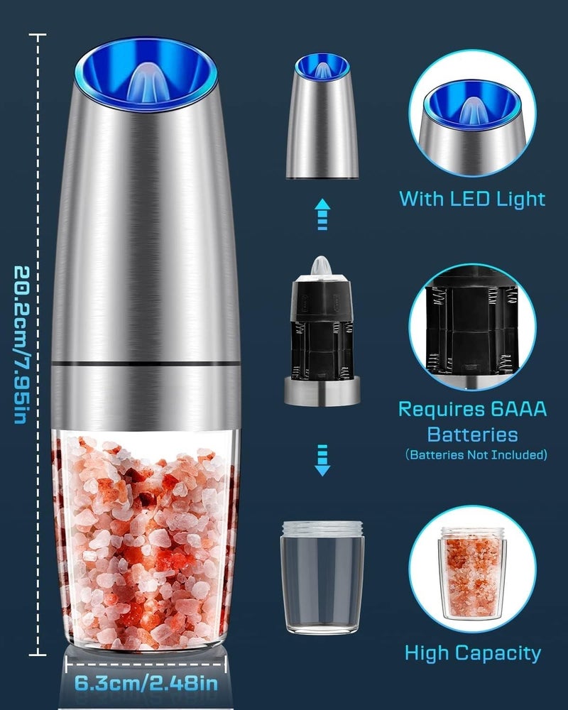 PRAMANTA Gravity Salt Pepper Automatic Grinder Refillable Adjustable Coarseness Electric Salt Pepper Mill Shaker Stainless Steel with LED Light One Hand Operated 1Pcs - Image 2