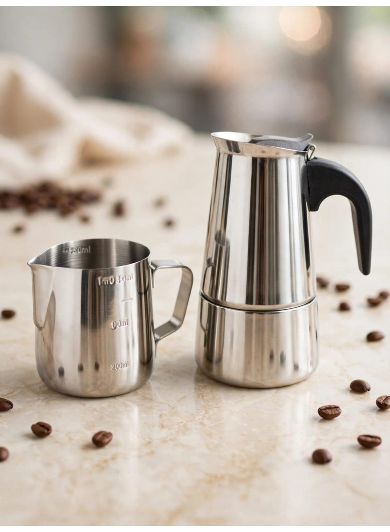 Stainless steel espresso moka pot coffee machine set with milk frother – 2 pieces