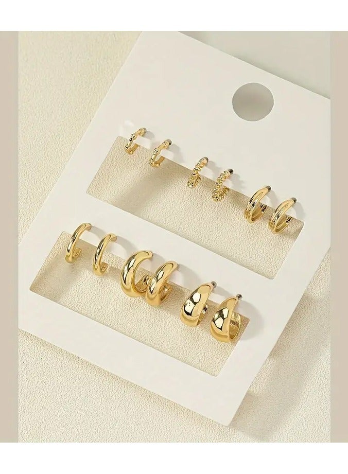 A Set Of 6 Pairs Of European And American Fashion 6pcs Set Of Golden Earrings Set With A Simple And Stylish Arc Shape, Suitable For Ladies' Daily Wear And Gifts.