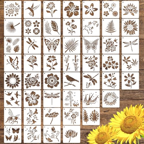 CH HAICHENG 50 PCS Flower Painting Stencils Reusable Flower Stencils for Painting on Wood Rocks Canvas Fabric Glass Pottery 4x4 Inch - Image 1