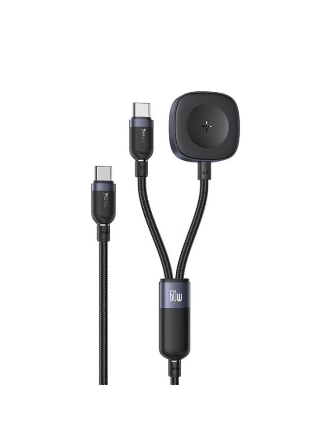 يسيدو كابل شحن Yesido CA136C 2 في 1، 60 واط، USB-C / Type-C إلى Type-C وiWatch، بطول 1.2 متر (أسود) - Image 1