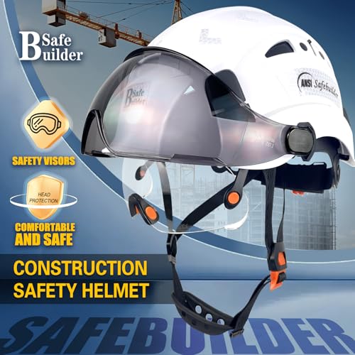 SAFEBUILDER Safety Helmet Hard Hat with Visor Adjustable Lightweight Vented Work Hard Hats for Men ANSI Z89.1 Approved Industrial (01-White Helmet with Clear Tinted Visor) - Image 2