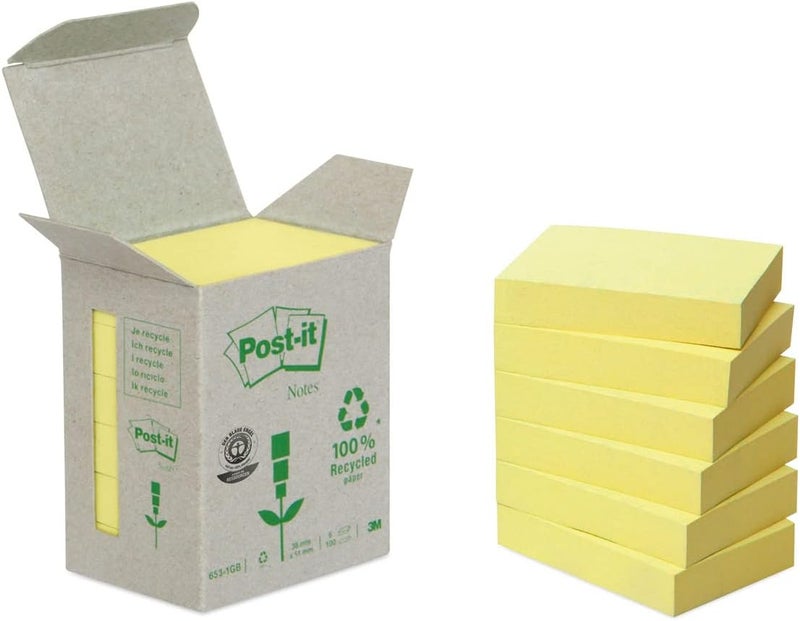 بوست-إت ملاحظات Post-it قابلة لإعادة التدوير، لون أصفر كناري، عبوة تحتوي على 6 ألواح، 100 ورقة في كل لوح، مقاس 38 مم × 51 مم، لون أصفر – ملاحظات لاصقة مصنوعة من ورق معاد تدويره بنسبة 100% - Image 1