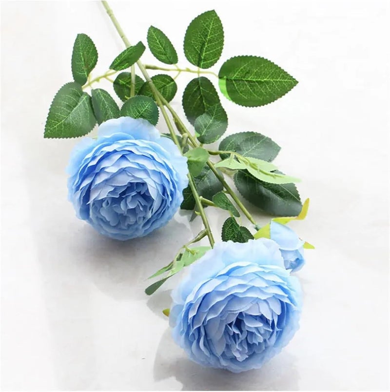 Simulated Flowers 5 Pack 3 Head Rose Peony Artificial Flower Fake Flowers for Home Garden Wedding Celebration Party Decoration(5pcs Blue) - Image 1