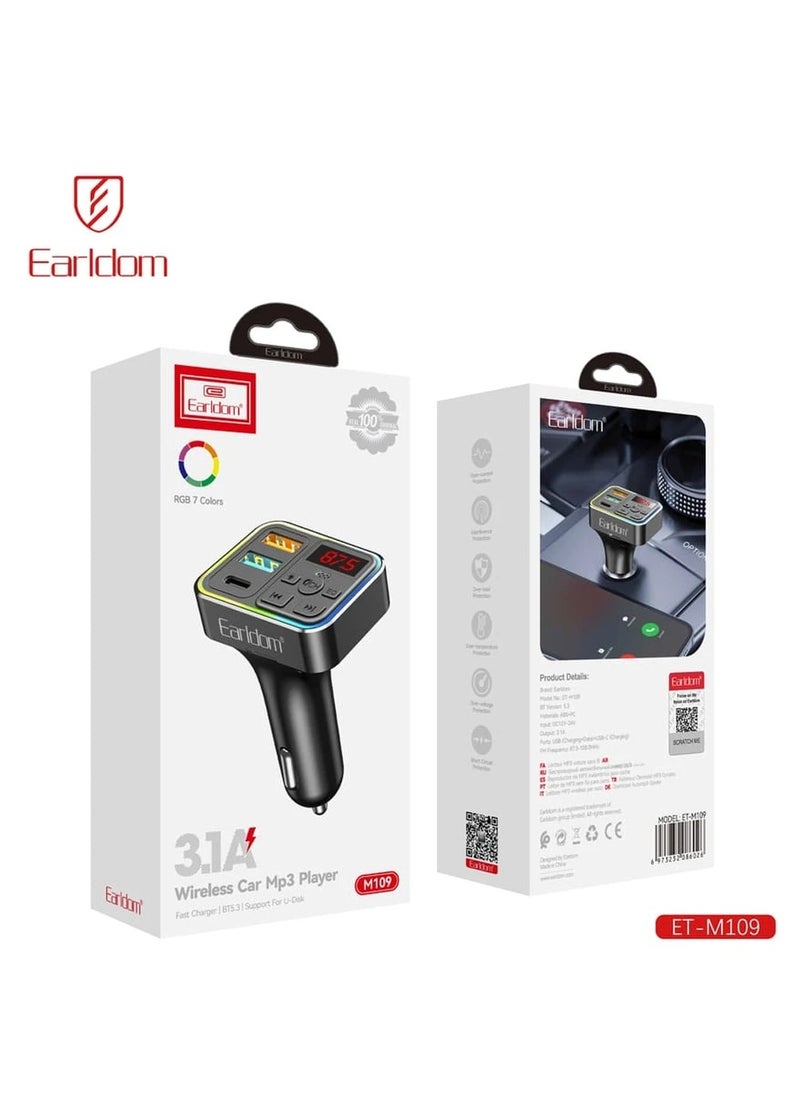 Earldom - 4 in 1 Smart Car Charger ET-M109 , 3.1A Dual USB Charger with FM Player and RGB Lighting, Supports Calling , Bluetooth and U-Disk , Multi-function Car Charger Such as Charging Smartphones and Tablets, Playing Songs and Answering Calls Easily While Driving, Digital Display, Rotating Handle for Easy Control, Stylish and Practical Design - Image 1