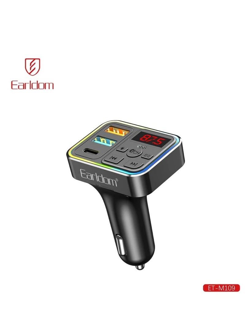 Earldom - 4 in 1 Smart Car Charger ET-M109 , 3.1A Dual USB Charger with FM Player and RGB Lighting, Supports Calling , Bluetooth and U-Disk , Multi-function Car Charger Such as Charging Smartphones and Tablets, Playing Songs and Answering Calls Easily While Driving, Digital Display, Rotating Handle for Easy Control, Stylish and Practical Design - Image 1