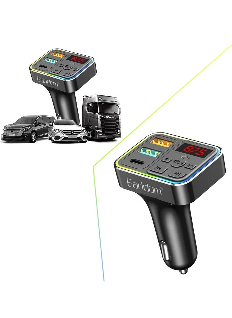 Earldom - 4 in 1 Smart Car Charger ET-M109 , 3.1A Dual USB Charger with FM Player and RGB Lighting, Supports Calling , Bluetooth and U-Disk , Multi-function Car Charger Such as Charging Smartphones and Tablets, Playing Songs and Answering Calls Easily While Driving, Digital Display, Rotating Handle for Easy Control, Stylish and Practical Design - Image 1