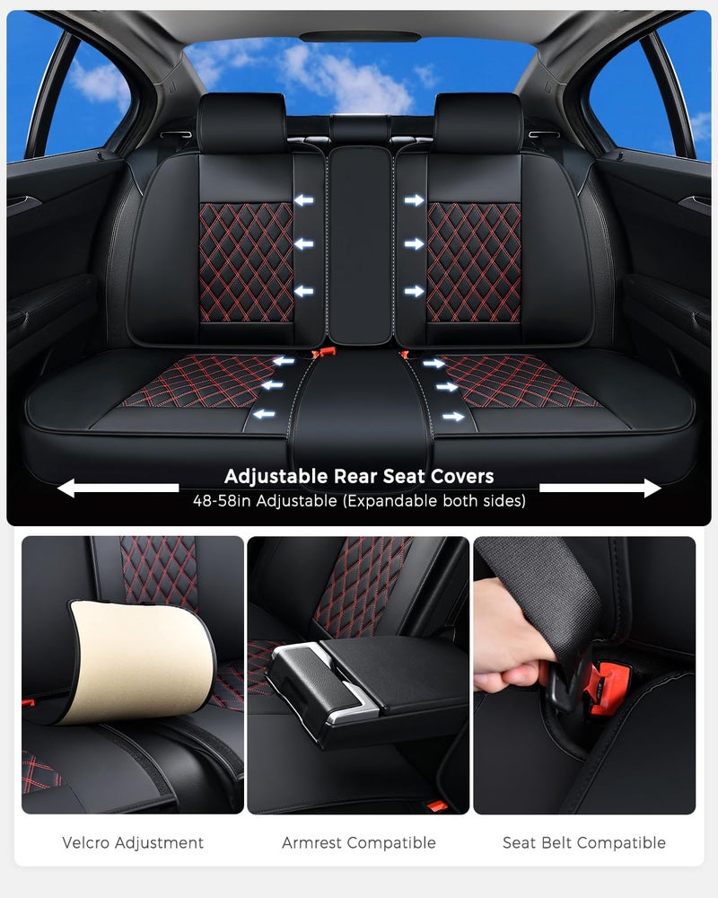 Huidasource Seat Covers, Nappa Leather Car Seat Covers, Velcro Adjustable, Compatible with Airbags, Armrests, Child Seat, Seat Belts, Fit for Most Cars, Vans, Trucks, SUVs (Full Set/Black&Red) - Image 4