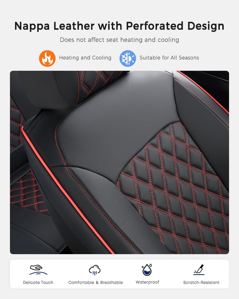 Huidasource Seat Covers, Nappa Leather Car Seat Covers, Velcro Adjustable, Compatible with Airbags, Armrests, Child Seat, Seat Belts, Fit for Most Cars, Vans, Trucks, SUVs (Full Set/Black&Red) - Image 3