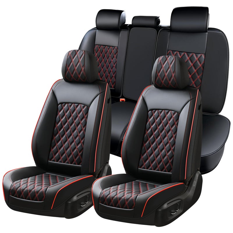 Huidasource Seat Covers, Nappa Leather Car Seat Covers, Velcro Adjustable, Compatible with Airbags, Armrests, Child Seat, Seat Belts, Fit for Most Cars, Vans, Trucks, SUVs (Full Set/Black&Red) - Image 1
