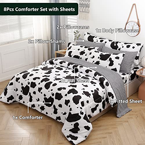 SUCSES Cow Print Queen Comforter Set with Sheets 8Pcs Bed in A Bag Queen Size Bedding Set Geometric Black and White Duvets for All Season - Image 2