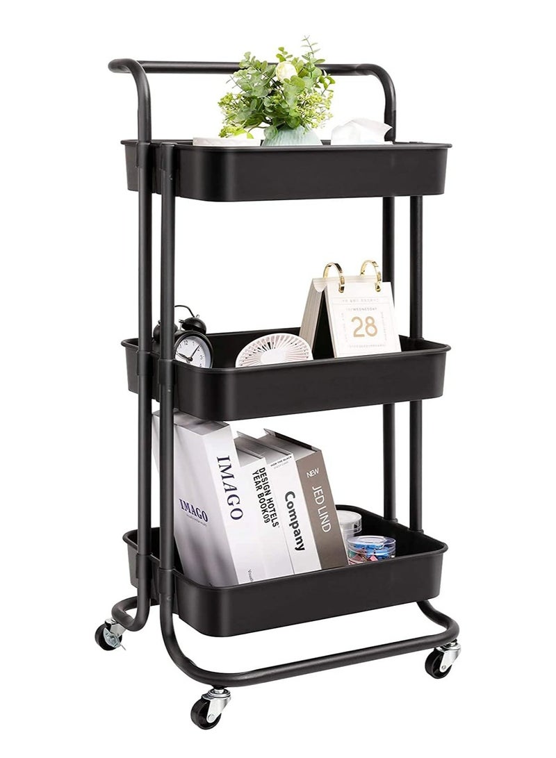DubaiGallery 3 Tier Rolling Utility Cart Multifunction Storage Shelf Organizer Cart with Handle Lockable Wheels and Mesh Basket for Home Kitchen,Bathroom,Office,Laundry Room etc - Image 1