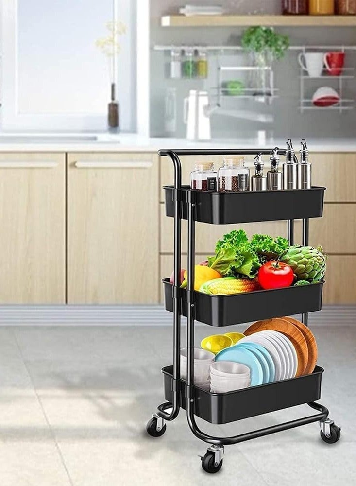 DubaiGallery 3 Tier Rolling Utility Cart Multifunction Storage Shelf Organizer Cart with Handle Lockable Wheels and Mesh Basket for Home Kitchen,Bathroom,Office,Laundry Room etc - Image 4