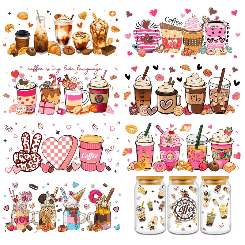 Rngmsi Coffee UV DTF Cup Wraps - 8 Sheets Coffee UVDTF Decals for 16 oz Glass Cups, Cake Ice Cream Transfer Stickers, Waterproof Rub on Transfers for Water Bottle DIY Crafts - Image 1
