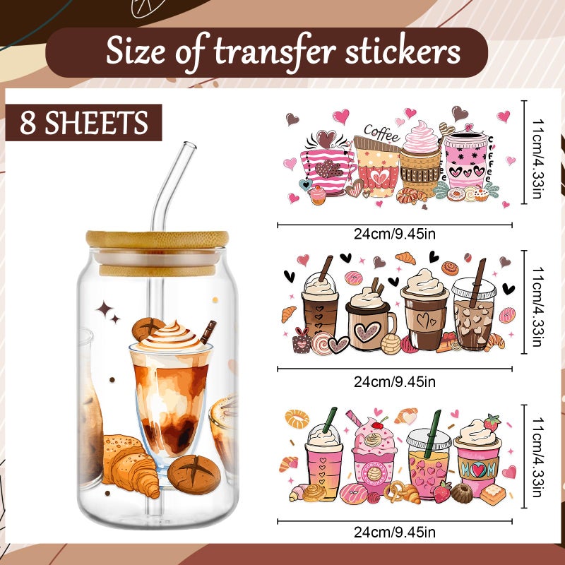 Rngmsi Coffee UV DTF Cup Wraps - 8 Sheets Coffee UVDTF Decals for 16 oz Glass Cups, Cake Ice Cream Transfer Stickers, Waterproof Rub on Transfers for Water Bottle DIY Crafts - Image 4