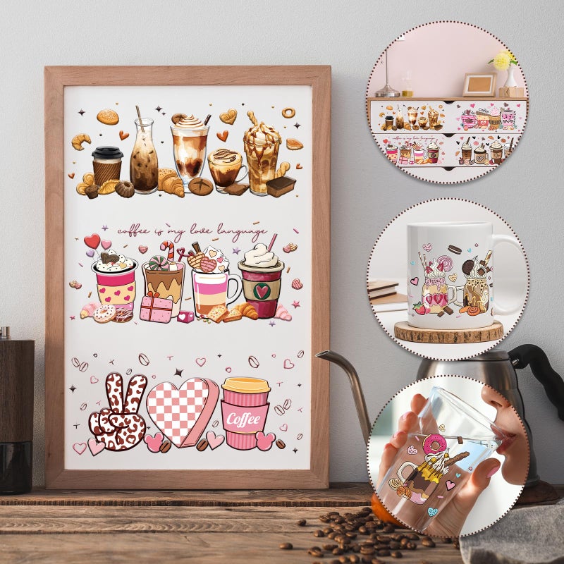 Rngmsi Coffee UV DTF Cup Wraps - 8 Sheets Coffee UVDTF Decals for 16 oz Glass Cups, Cake Ice Cream Transfer Stickers, Waterproof Rub on Transfers for Water Bottle DIY Crafts - Image 2