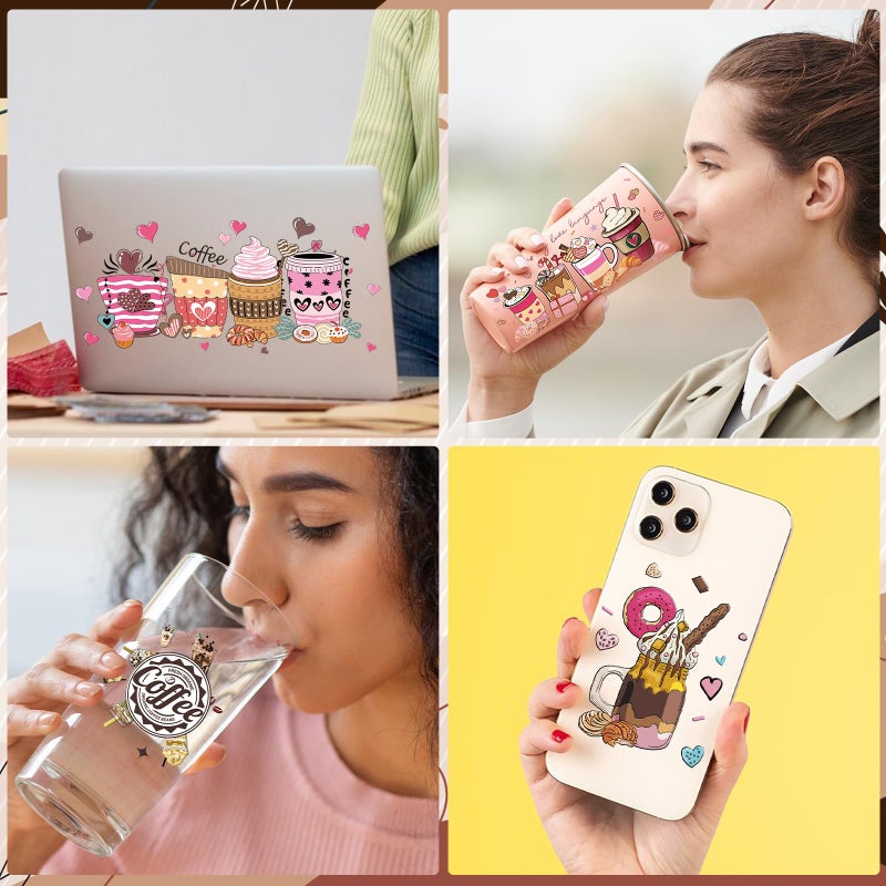 Rngmsi Coffee UV DTF Cup Wraps - 8 Sheets Coffee UVDTF Decals for 16 oz Glass Cups, Cake Ice Cream Transfer Stickers, Waterproof Rub on Transfers for Water Bottle DIY Crafts - Image 3