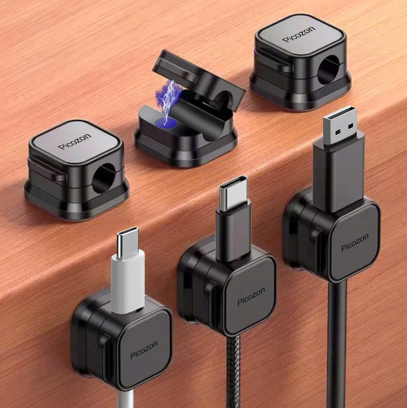 Picozon 6 Pack Magnetic Cable Clip Organizer Cord Holder, Adhesive Cable Management, Wire Phone USB Charger Cable Holder Keeper Organizer for Car, Office Home Desktop, Wall, Night Table - Black - Image 1