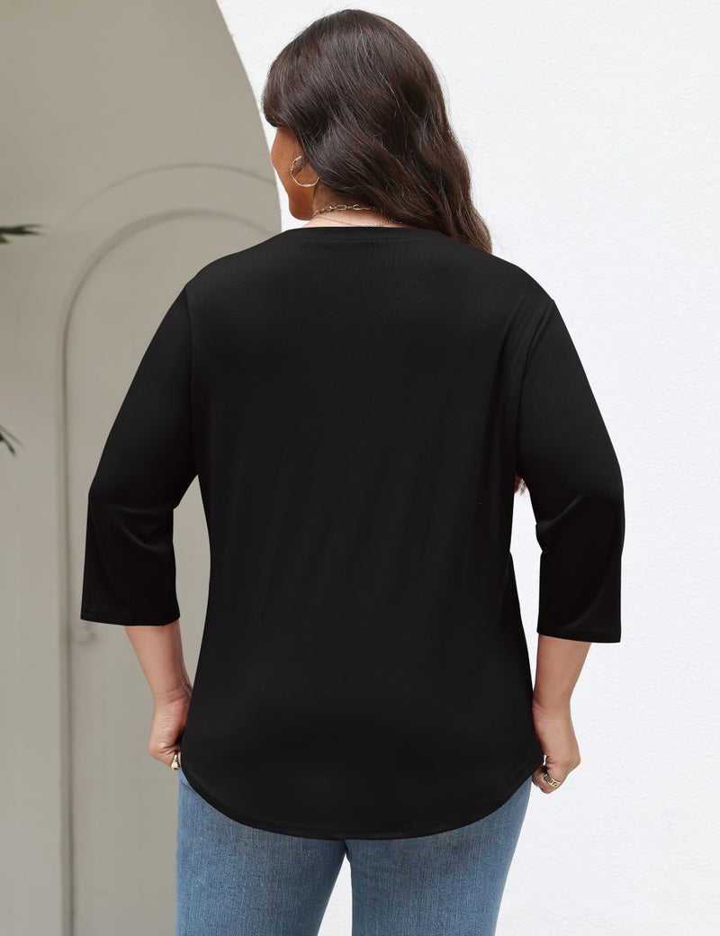 TFSDOD Plus Size Tops for Women 3/4 Sleeve T Shirts Spring Top for Women 2026 Printed Pleated Top Travel Outfits Black - Image 5