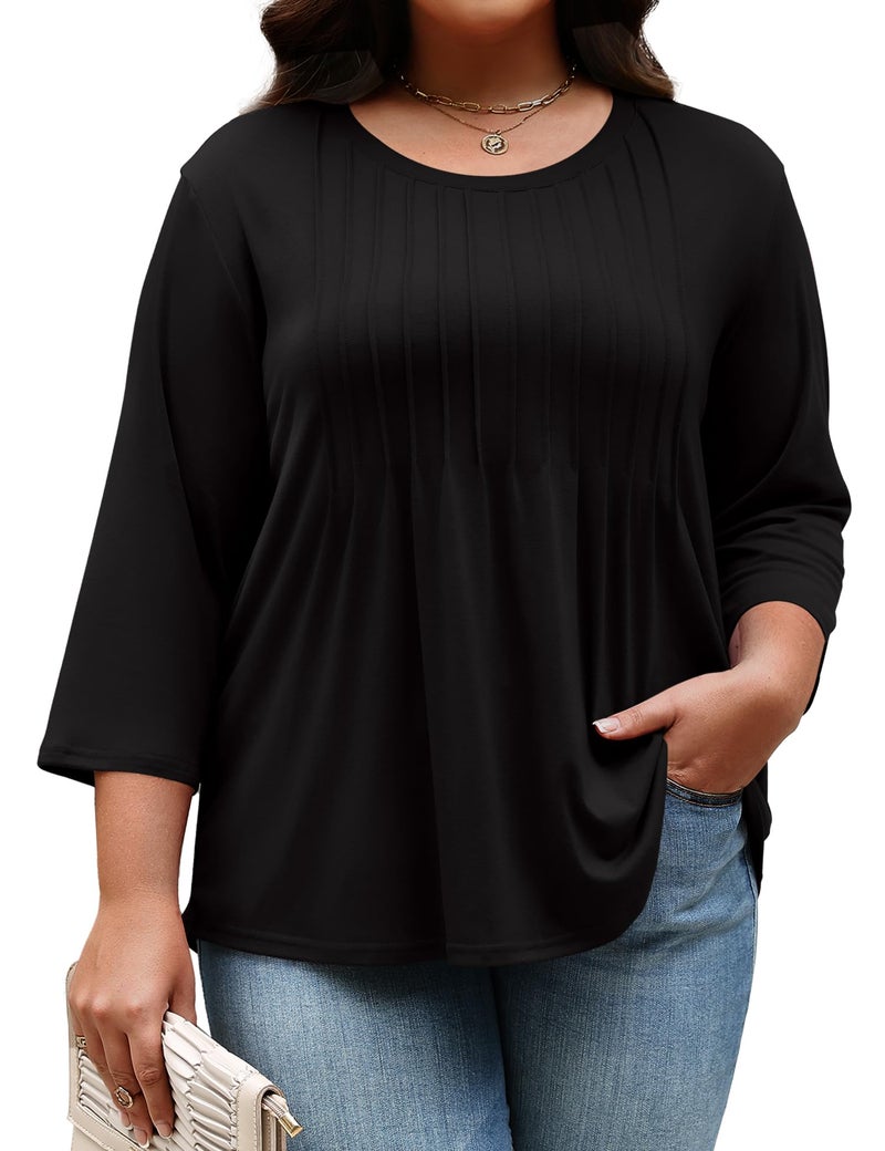 TFSDOD Plus Size Tops for Women 3/4 Sleeve T Shirts Spring Top for Women 2026 Printed Pleated Top Travel Outfits Black - Image 2