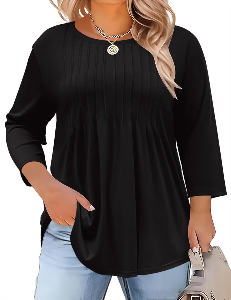 TFSDOD Plus Size Tops for Women 3/4 Sleeve T Shirts Spring Top for Women 2026 Printed Pleated Top Travel Outfits Black - Image 1