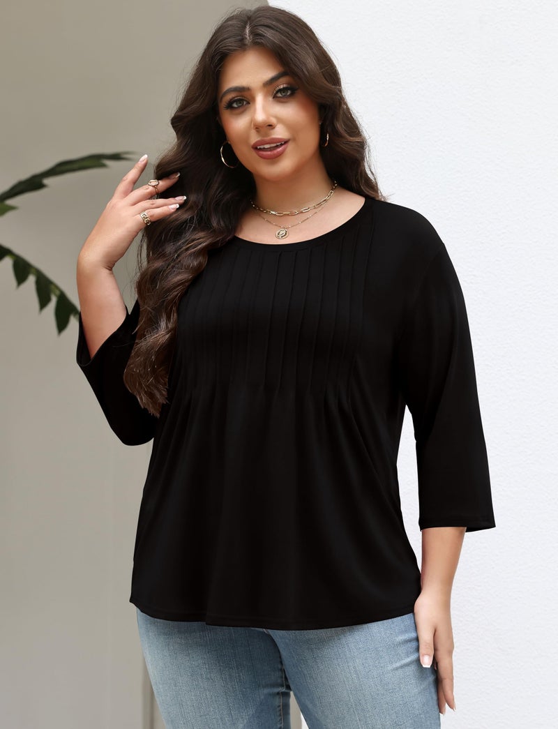 TFSDOD Plus Size Tops for Women 3/4 Sleeve T Shirts Spring Top for Women 2026 Printed Pleated Top Travel Outfits Black - Image 4